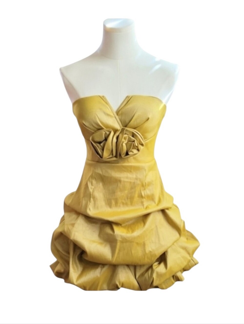 Daisy Couture Shiny Golden Yellow Strapless Rose Bodice Mini Dress Size Small